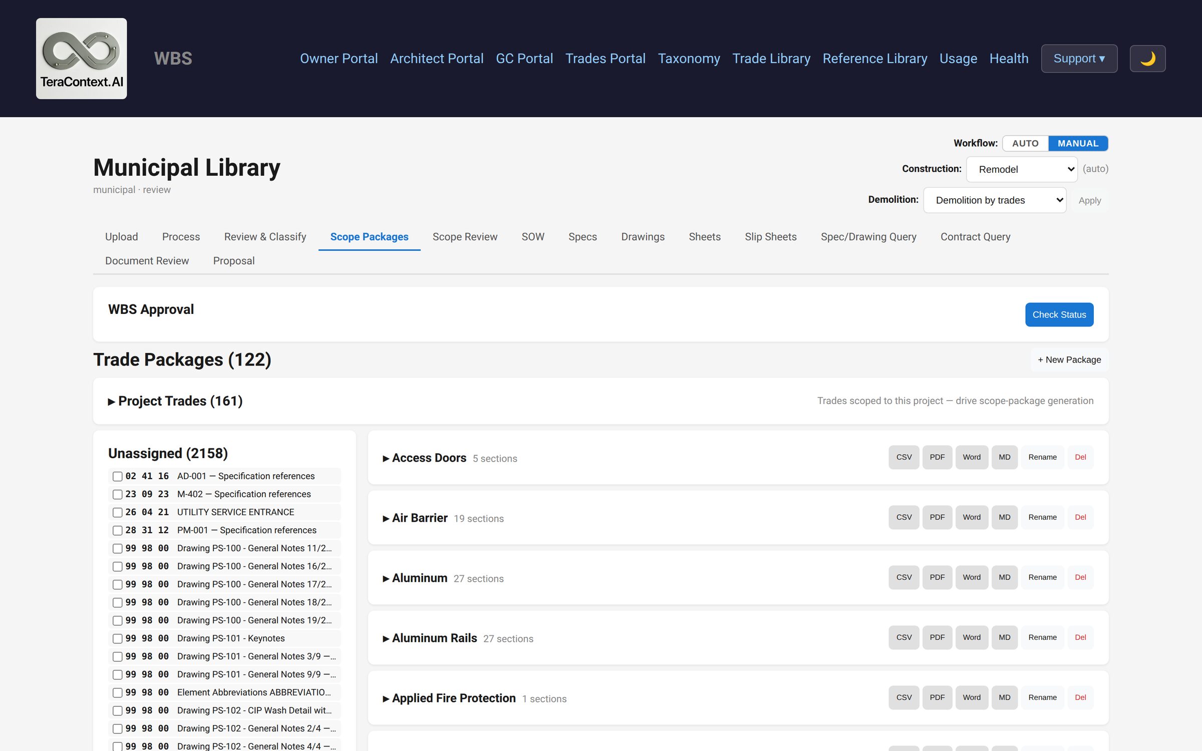 Scope packages screen listing 122 trade packages such as Access Doors, Air Barrier and Aluminum, each exportable to CSV, PDF, Word or Markdown